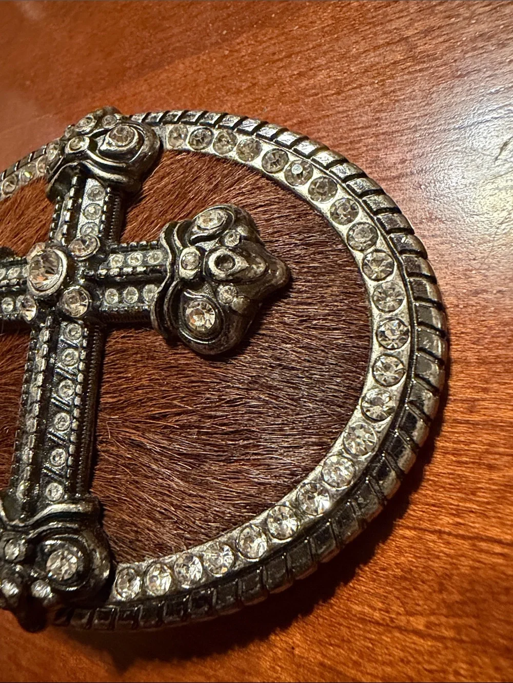 Rhinestone Cross Buckle Belt - Brown Fur with Silver Accents